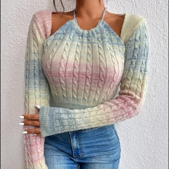 Ombre Long Sleeve Cold Shoulder Halter Crop Top Sweater - Picture 5 of 6
